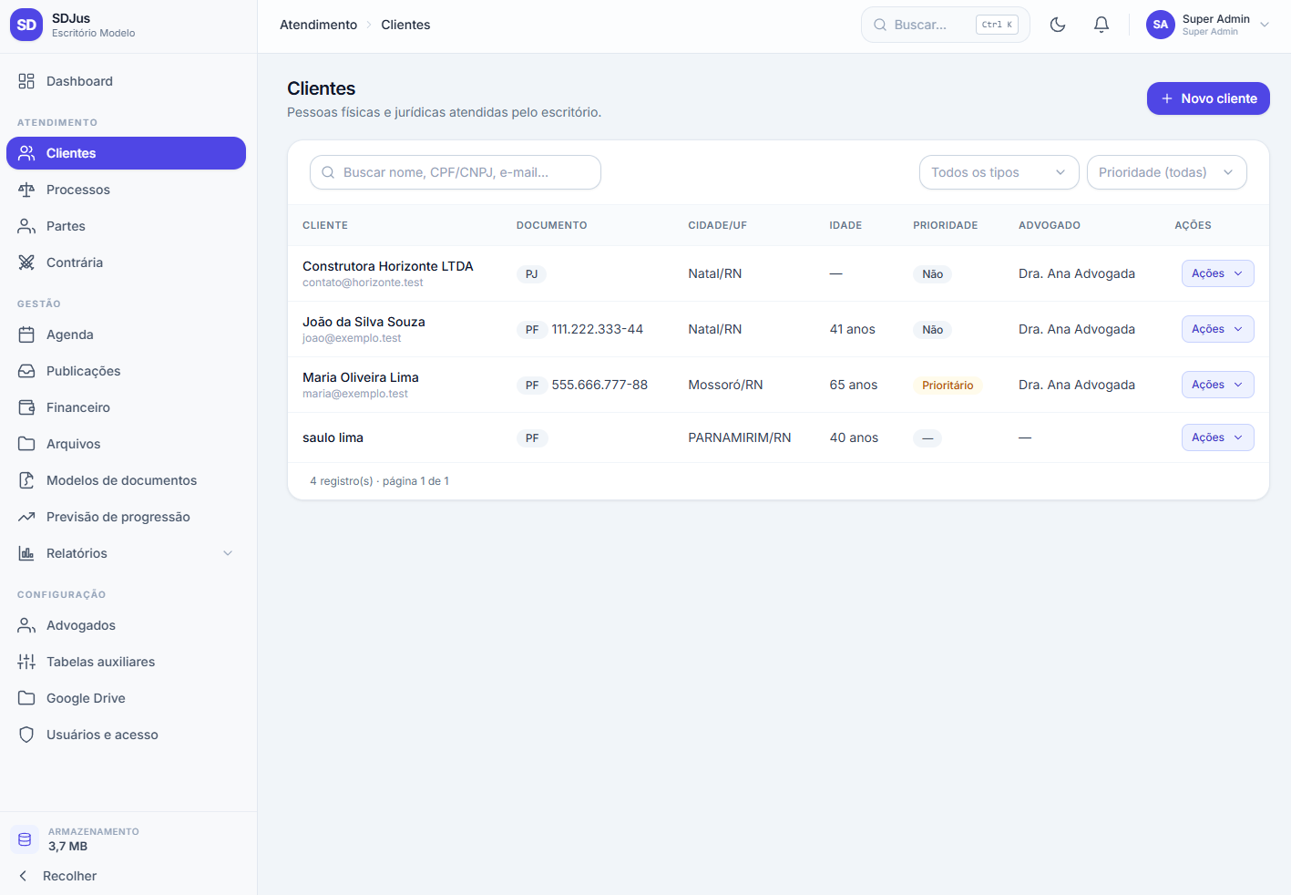 Listagem de clientes do SDJUS com filtros, documentos e prioridade